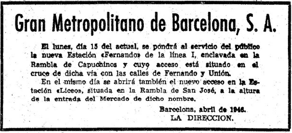 Anuncio en la prensa de la inauguración de la estación de Fernando