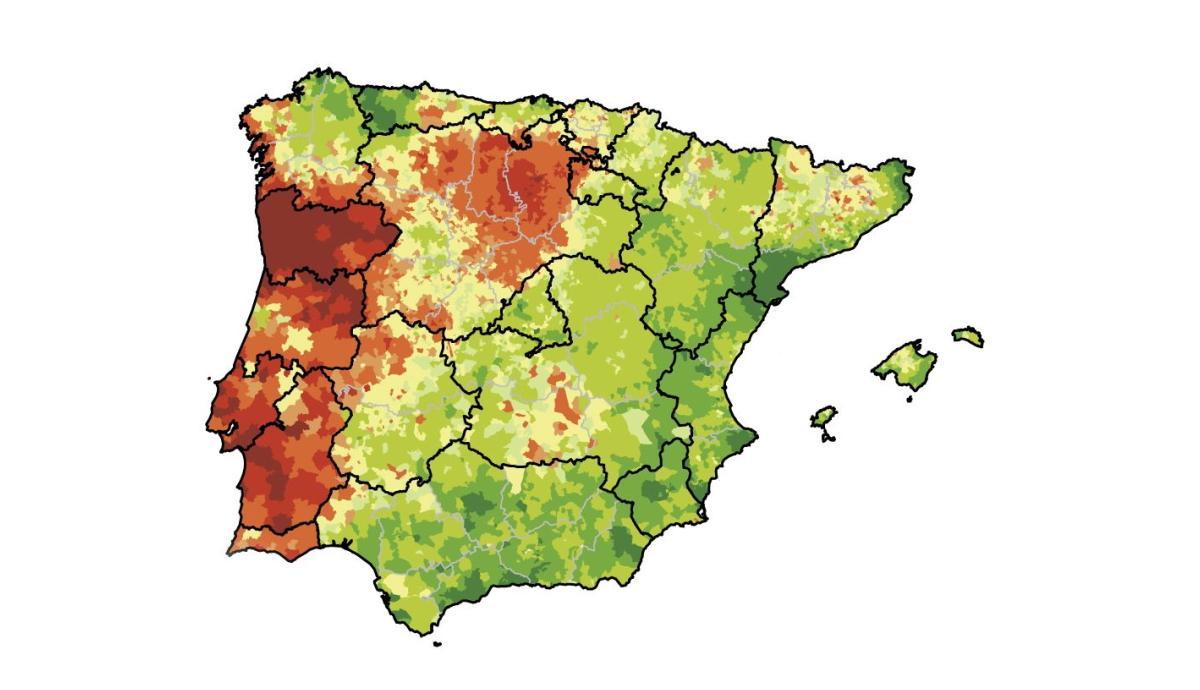 Mapa de riesgo relativo de fallecer por cáncer de estómago.