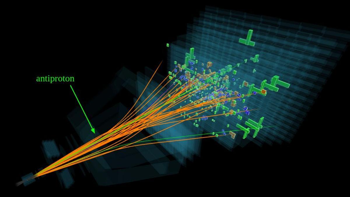 Un evento de colisión protón-protón registrado por el detector LHCb, que muestra la trayectoria seguida por un antiprotón formado en la colisión.