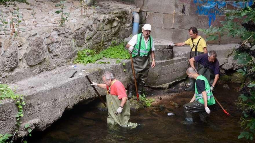 Cinco voluntarios trabajan en la zona urbana del río. // Rafa Vázquez