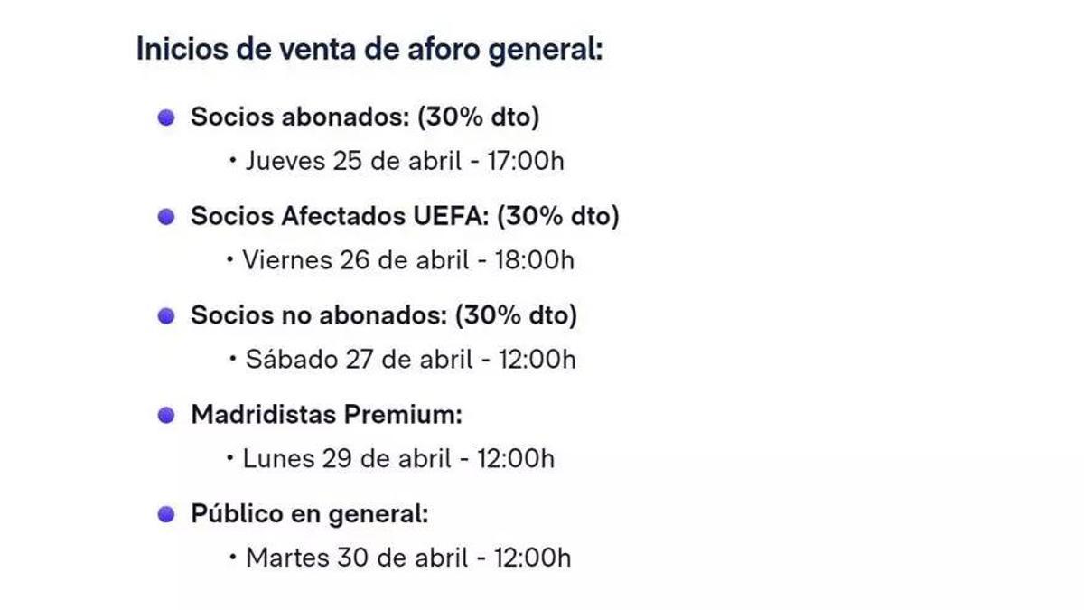 Orden de preferencia para comprar las entradas para el partido entre el Real Madrid y el Bayern / WEB OFICIAL REAL MADRID