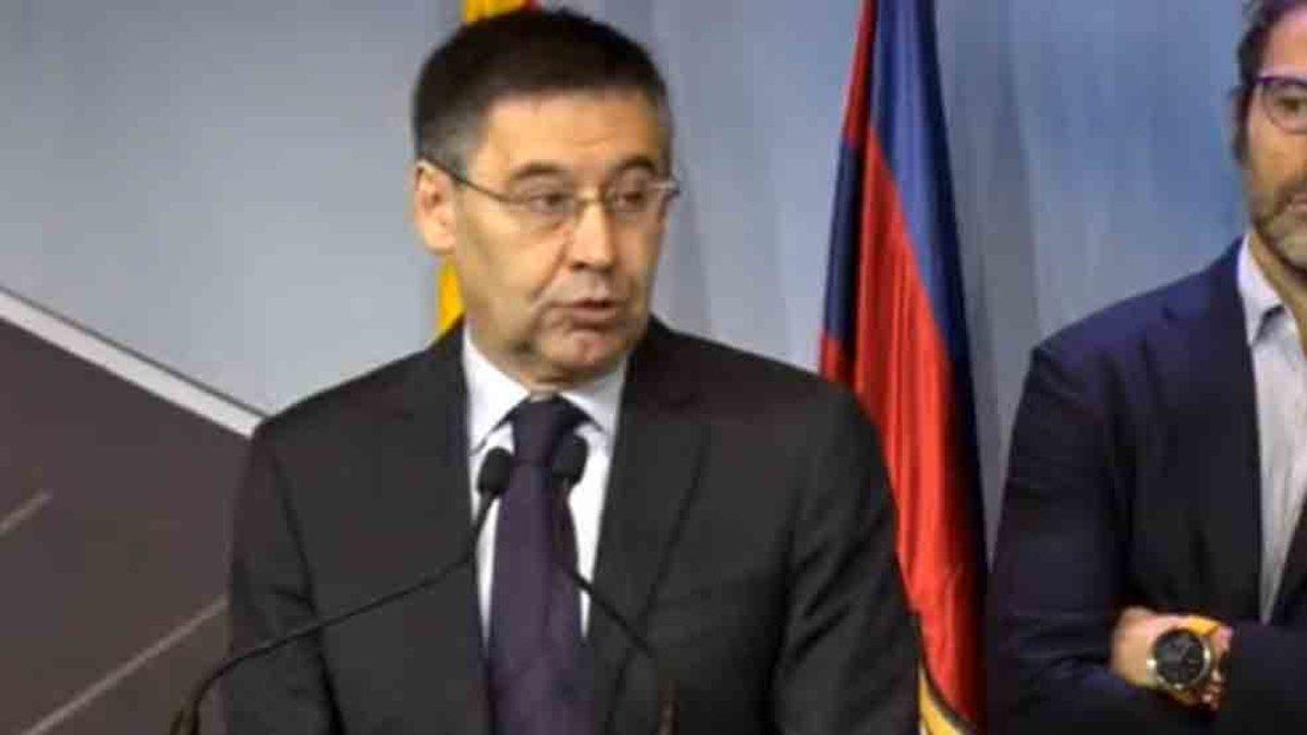 El presidente del Barcelona, Josep María Bartomeu, durante su parlamento