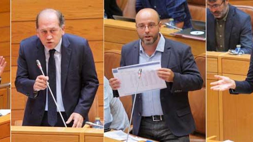 Alberto Núñez Feijóo (PPdeG), Xoaquín Fernández Leiceaga (PSdeG), Luís Villares (En Marea) y Ana Pontón (BNG), en la sesión de control en el Parlamento de Galicia.