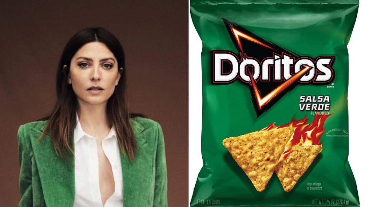 Bárbara Lennie, con 'blazer' verde, como la bolsa de Doritos sabor jalapeño.