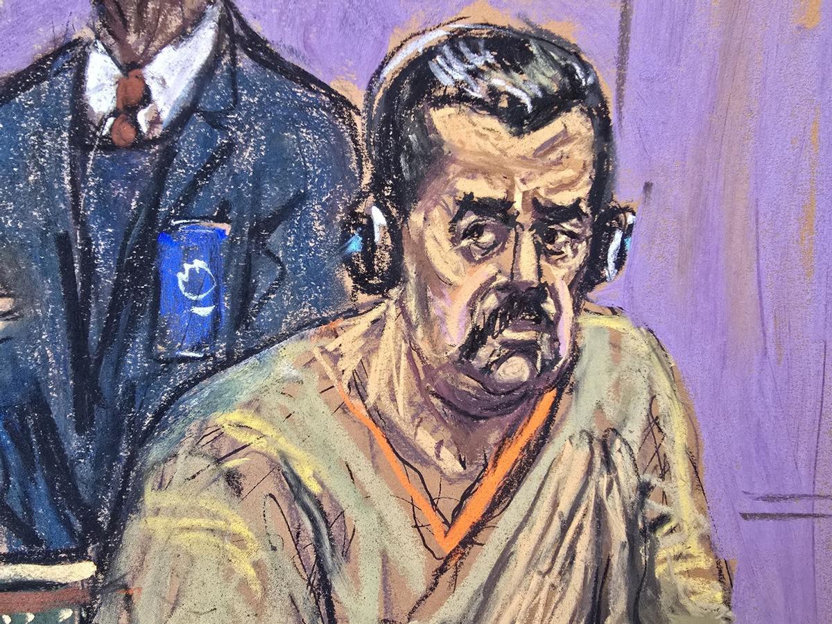 Dibujo del presidente de Venezuela, Nicolás Maduro, durante su comparecencia ante un tribunal federal en Nueva York (EE.UU.).