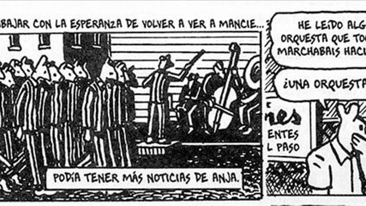 Spiegelman, abajo en 1982, se autorretrata (arriba) con la máscara de un ratón, tal como dibuja a los judíos en 'Maus'. A la derecha, él mismo cuenta cómo el libro se ha 'apoderado' de él. Abajo, viñetas con las que explica las dudas sobre si su padr