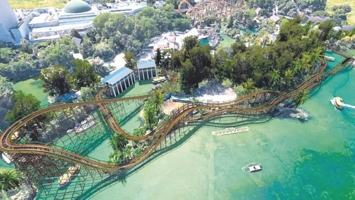 Recreación de 'Wooden Coaster', la montaña rusa de madera que Isla Mágica quería incorporar entre sus atracciones