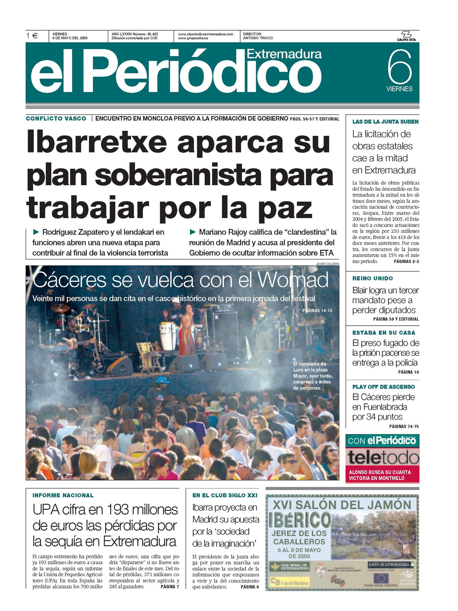 Portada de El Periódico Extremadura el 6 de mayo de 2005.