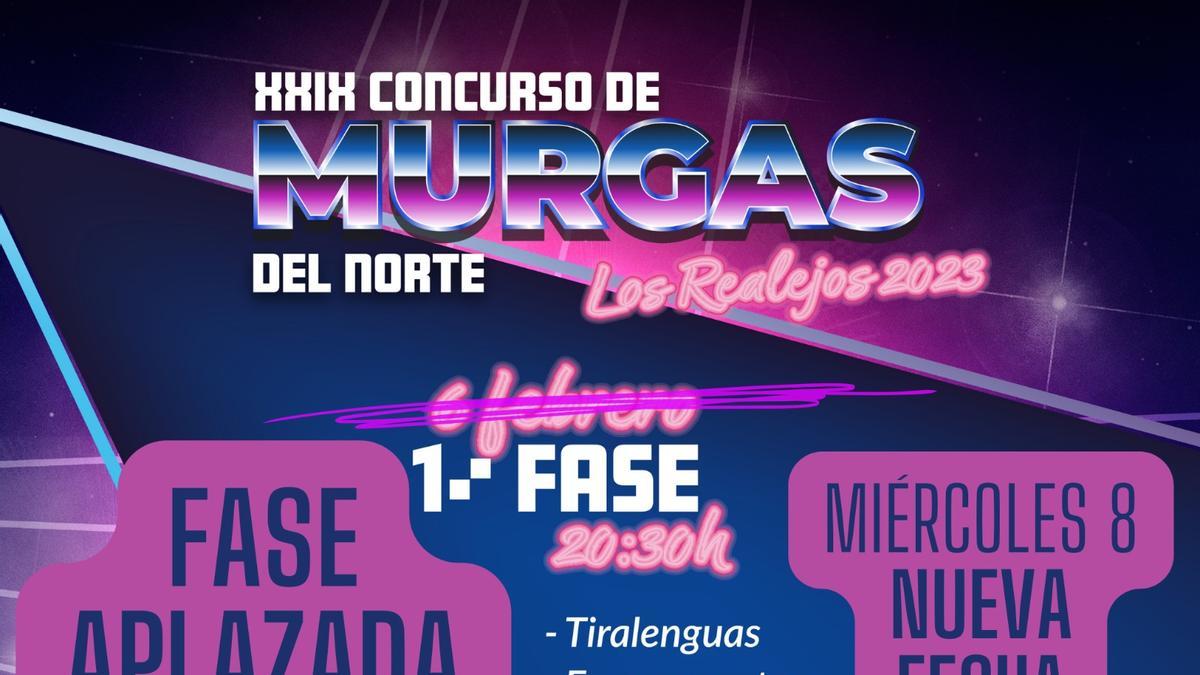 Comunicación oficial del aplazamiento al miércoles de la primera fase de murgas adultas del Norte.