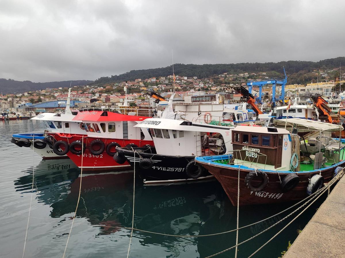 Barcos bateeiros amarrados ayer en el puerto de Bueu. Los polígonos de la localidad están cerrados desde agosto.