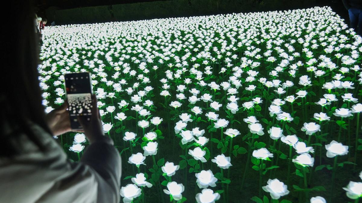 Una joven, haciendo una fotografía del Jardín Infinito.