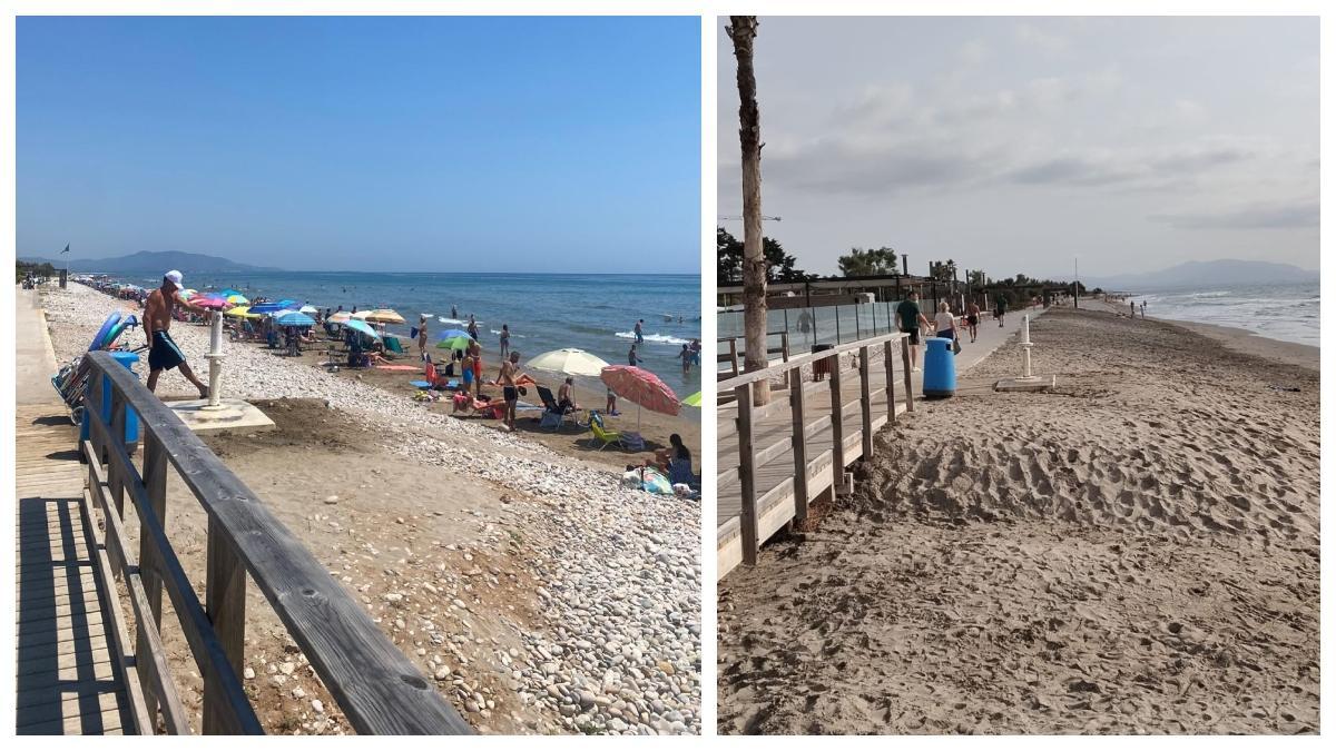 Antes (izquierda) y después en la zona norte de la playa de les Amplàries.