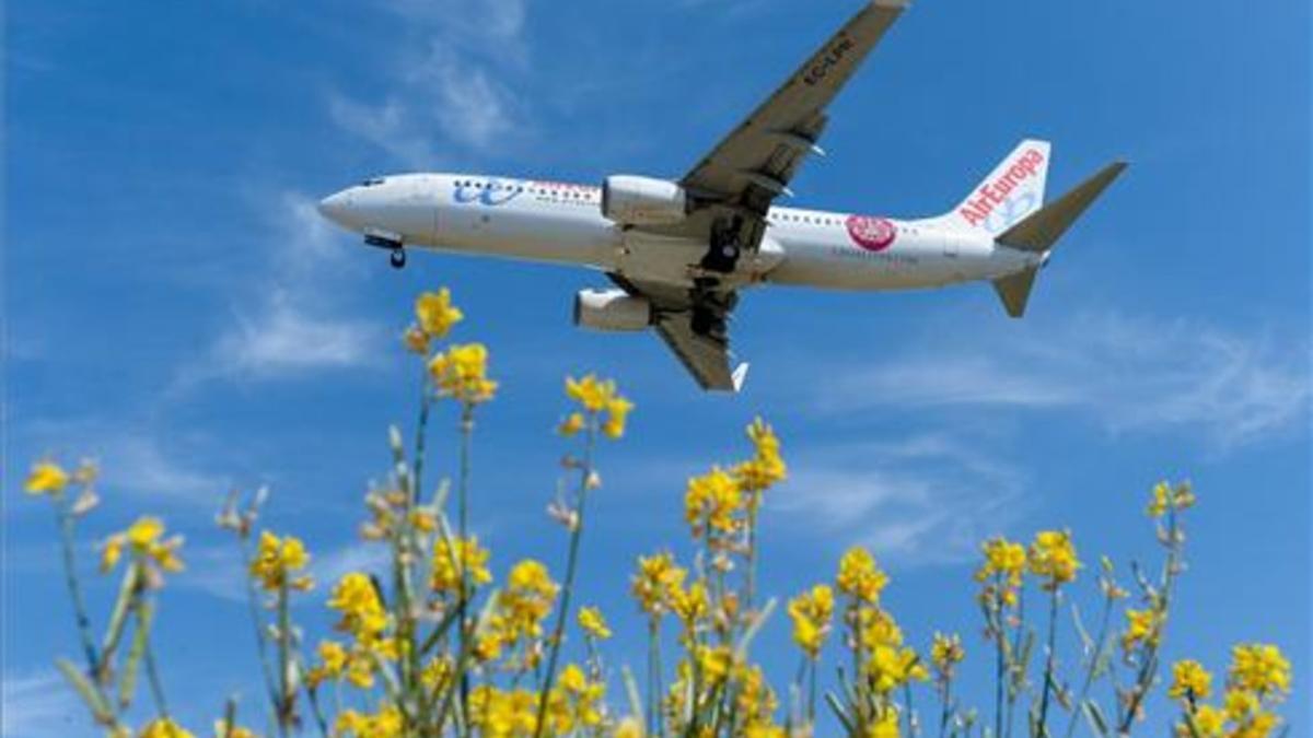 Un avión de Air Europa, en las proximidades del aeropuerto de El Prat de Llobregat.