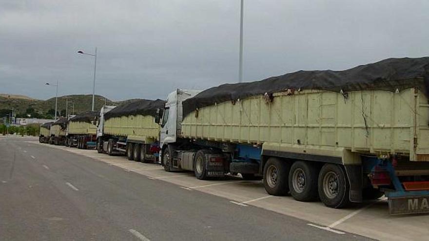 Camiones cargados de basura, propiedad de una empresa murciana, estacionados en el polígono Finca Lacy durante el pasado fin de semana