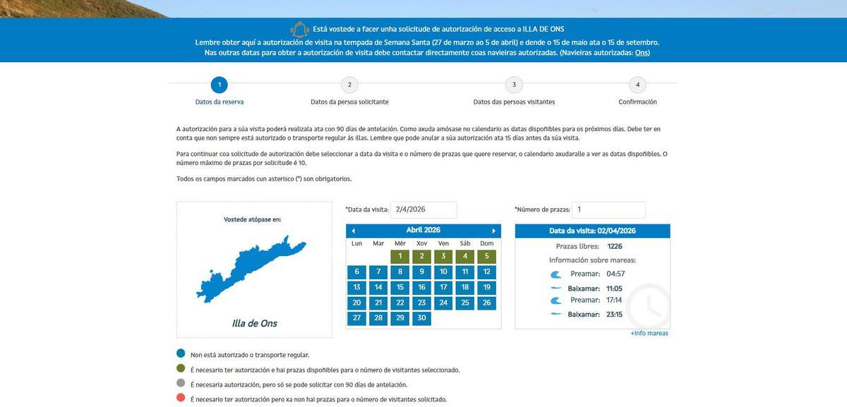 Página de selección para reservar tu visita a uno de los archipiélagos de Cíes u Ons.