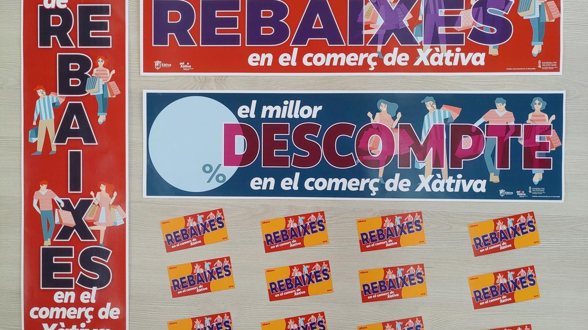 Carteles y etiquetas en valenciano de la campaña de Xàtiva para el comercio local.
