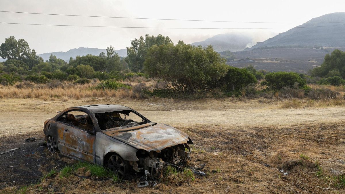 Un coche calcinado por el fuego en Tarifa. / EFE - A.Carrasco Ragel.