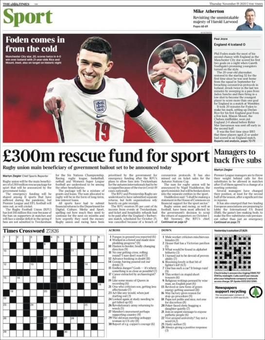 Portada THE TIMES SPORT jueves 19 noviembre 2020