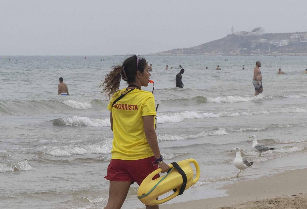 Bandera roja en la playa de San Juan en Alicante: los socorristas obligan a los bañistas a salir del agua por la alerta de viento