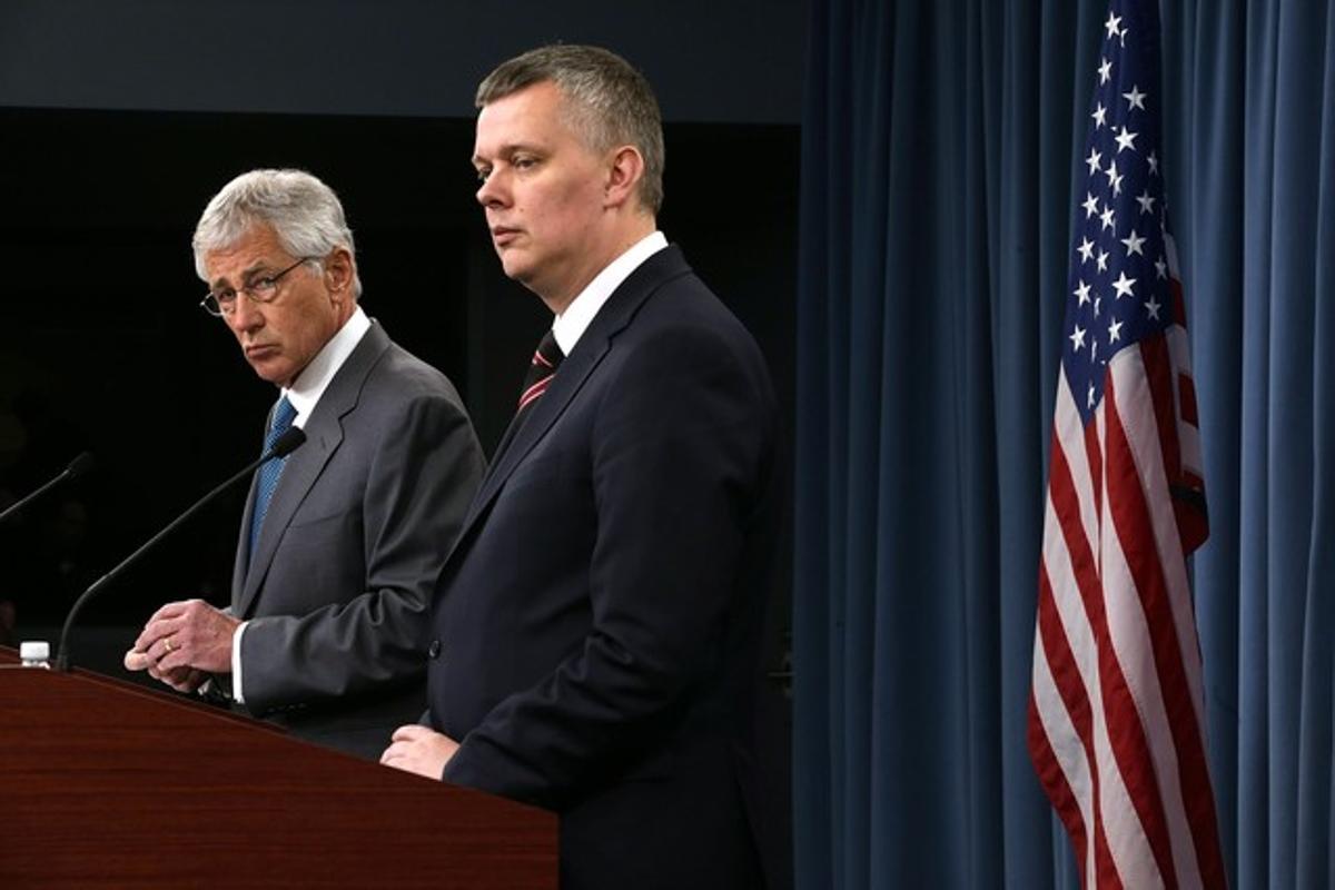 Chuck Hagel, secretari de Defensa dels EUA, i Tomasz Siemoniak, ministre de Defensa de Polònia, en roda de premsa al Pentàgon, aquest dijous.