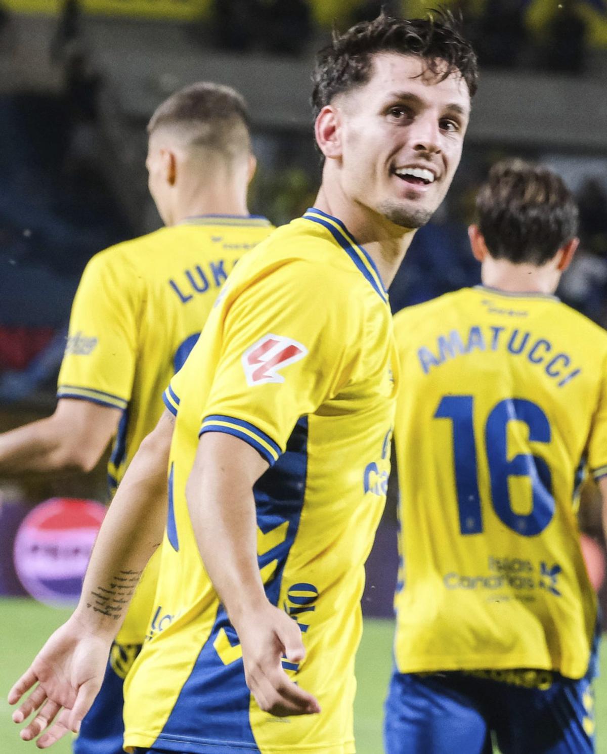 Iván Gil festeja uno de sus tantos a la Real Sociedad B, el pasado 12 de septiembre, en su gran noche.