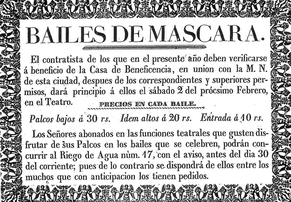 Anuncio de un baile máscaras en el Teatro de la Franja en 1837.