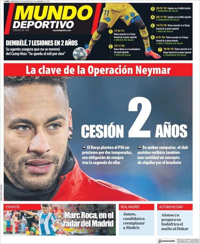 Portada de Mundo Deportivo, del miércoles, 21 de agosto de 2019