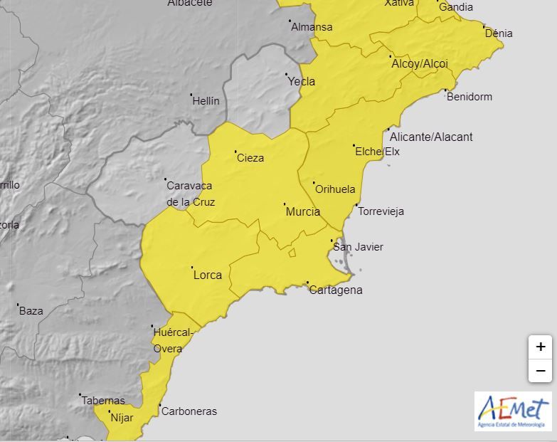 Mapa de avisos meteorológicos en Murcia