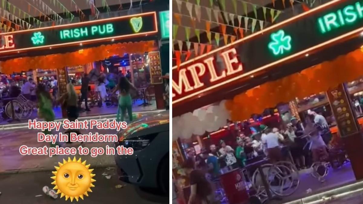 Dos instantes de la multitudinaria pelea en la que volaron taburetes, sillas y mesas.