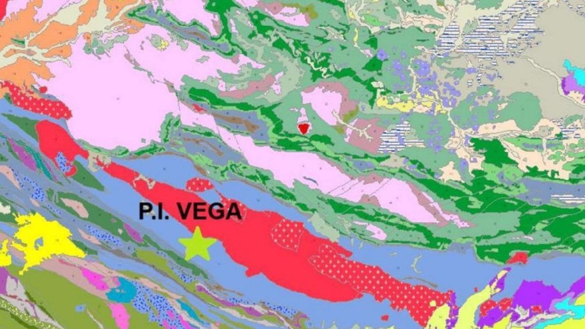 Mapa geológico con formaciones minerales, rocas y distintos terrenos por colores, de la zona norte de Córdoba con la situación del proyecto de investigación Vega marcado con una estrella verde, en una imagen de la documentación del proyecto aportada por Lain Technologies.
