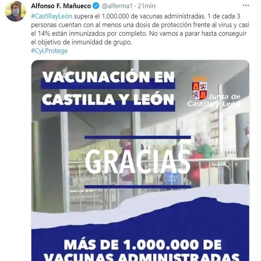 Imagen del tuit publicado por el presidente Mañueco en la red social.