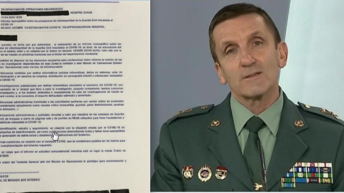 El general José Manuel Santiago, jefe de Estado Mayor de la Guardia Civil, y la orden que emitió por email el pasado 15 de abril.