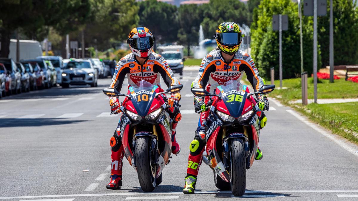 Luca Marini y Joan Mir, con dos Honda CBR por las calles de Madrid
