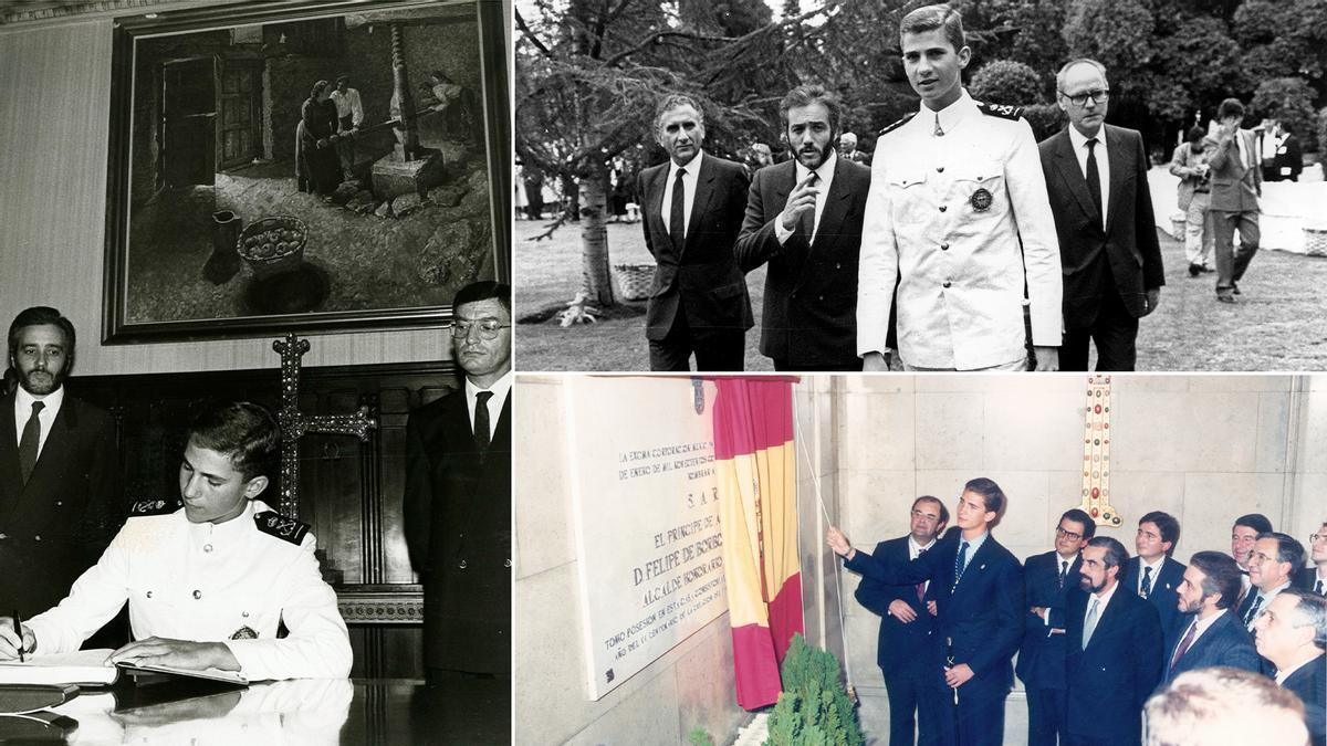 A la izquierda, el entonces Príncipe de Asturias, firmando en el libro de oro, el día que recibió la Medalla de Asturias y, tras él, Pedro de Silva y Juan Ramón Zapico; arriba, en Gijón, flanqueado por De Silva y el entonces alcalde, José Manuel Palacio; abajo, descubriendo la placa de Alcalde Honorario de Oviedo con Antonio Masip a su derecha.