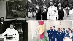 A la izquierda, el entonces Príncipe de Asturias, firmando en el libro de oro, el día que recibió la Medalla de Asturias y, tras él, Pedro de Silva y Juan Ramón Zapico; arriba, en Gijón, flanqueado por De Silva y el entonces alcalde, José Manuel Palacio; abajo, descubriendo la placa de Alcalde Honorario de Oviedo con Antonio Masip a su derecha.