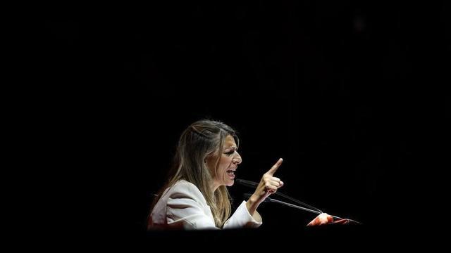 La vicepresidenta segona, Yolanda Díaz, en una trobada amb els sindicats europeus organitzada per CCOO i UGT aquest dijous.