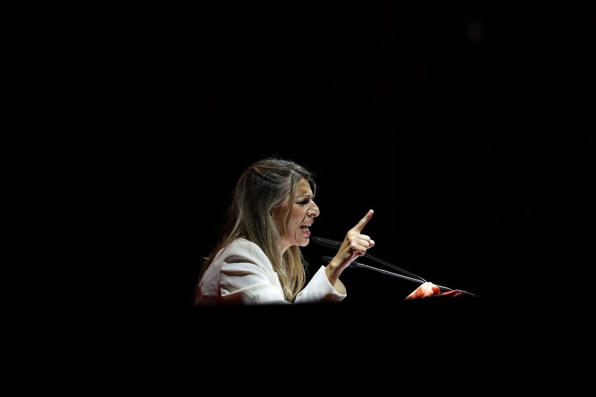 La vicepresidenta segunda, Yolanda Díaz, en un encuentro con los sindicatos europeos organizado por CCOO y UGT este jueves.