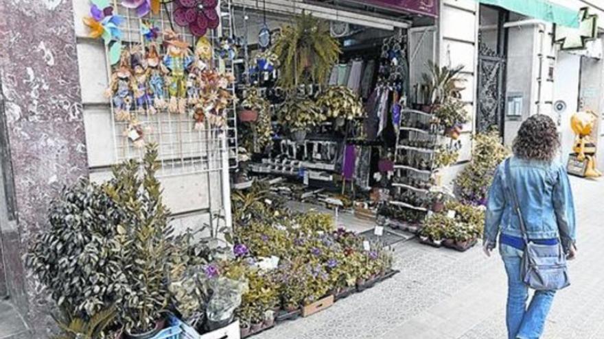 Una persona pasa por delante de un bazar multiprecio que inundó la acera de plantas.