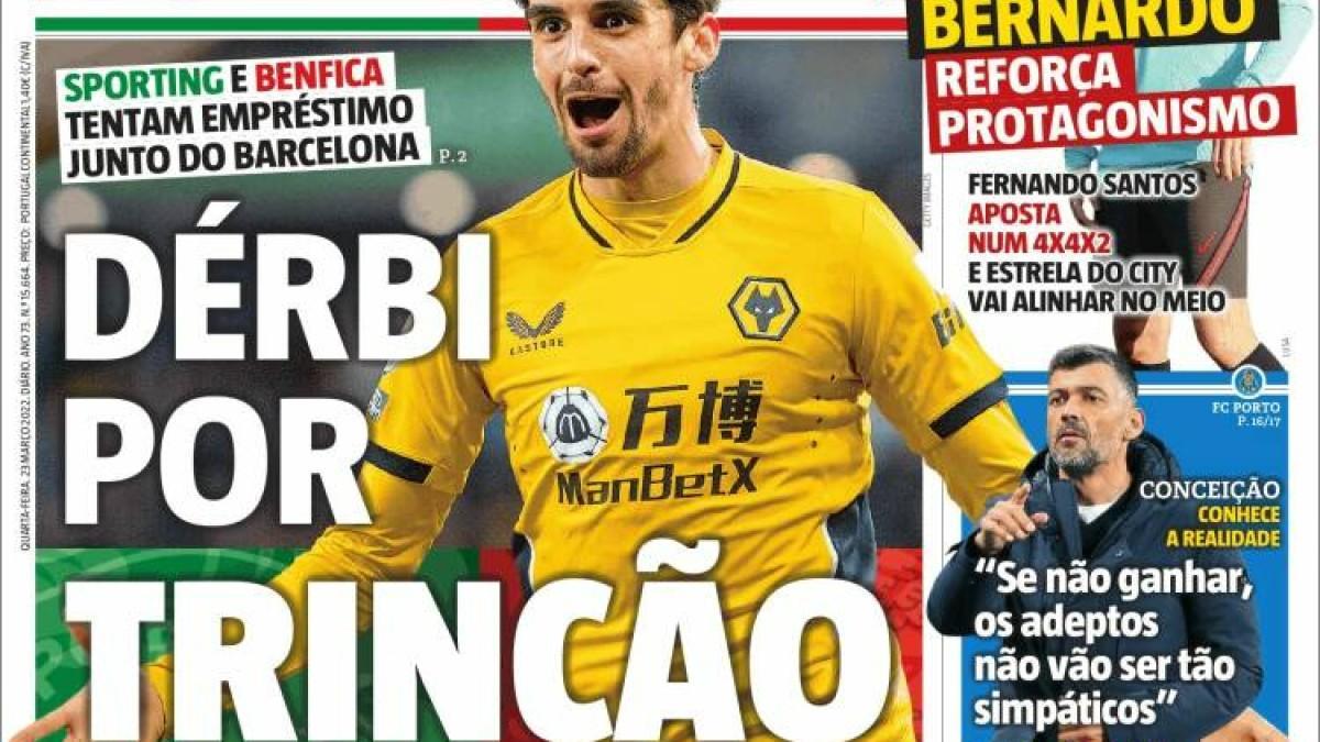 La portada del diario portugués 'Record' del 23 de marzo de 2022, con Trincao de protagonista