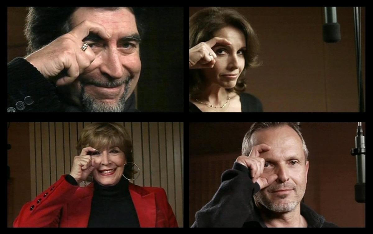 Imágenes tomadas del vídeo creado por la "Plataforma de Apoyo a Zapatero" (PAZ) en la que (i-d arriba-abajo) el cantautor Joaquín Sabina, la cantante Ana Belén, la actriz Concha Velasco, y el cantante Miguel Bosé muestran su apoyo al presidente del Gobierno, José Luis Rodríguez Zapatero con el gesto del lenguaje de los signos que hace referencia al líder del Ejecutivo: un dedo índice sobre el ojo que imita su característica ceja. La PAZ es un grupo que asegura reunir a más de 2.000 personas de diversos ámbitos sociales y profesionales, como científicos, artistas, profesores universitarios, deportistas o empresarios que con el vídeo intentan consagrar este signo.