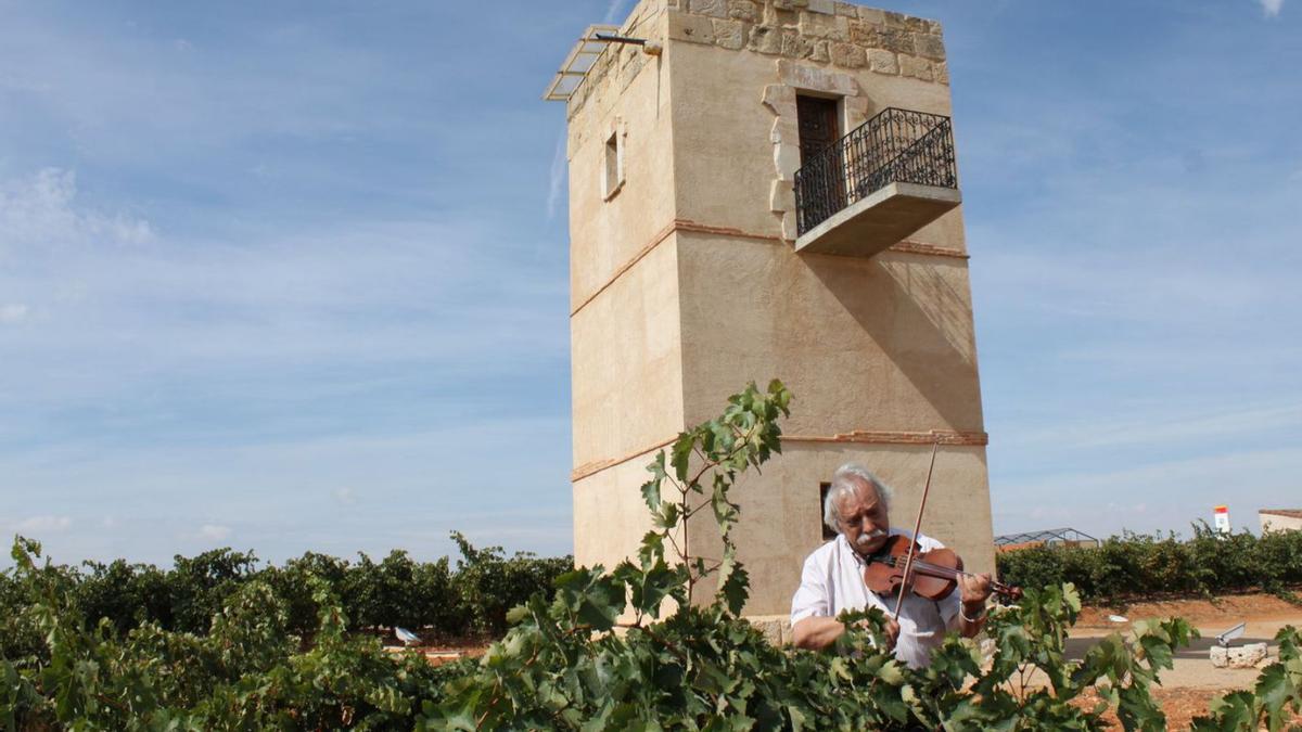 Juan Antonio toca el violín a las uvas de los viñedos, marcando el inicio de la vendimia en Liberalia. | Cedida