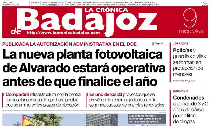 Esta es la portada de LA CRÓNICA DE BADAJOZ correspondiente al día 9 de mayo del 2018