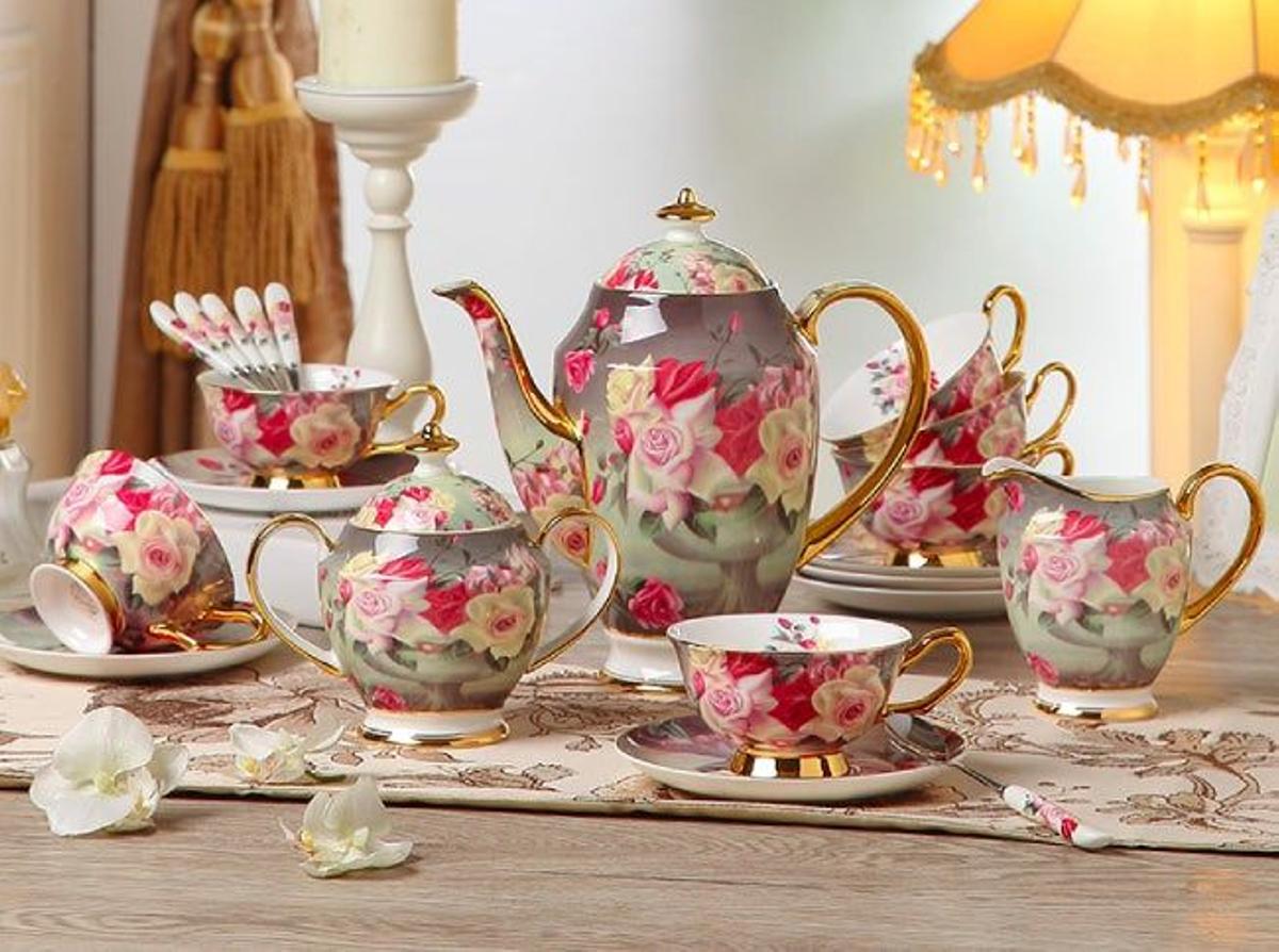 Juego de té floral de 21 piezas