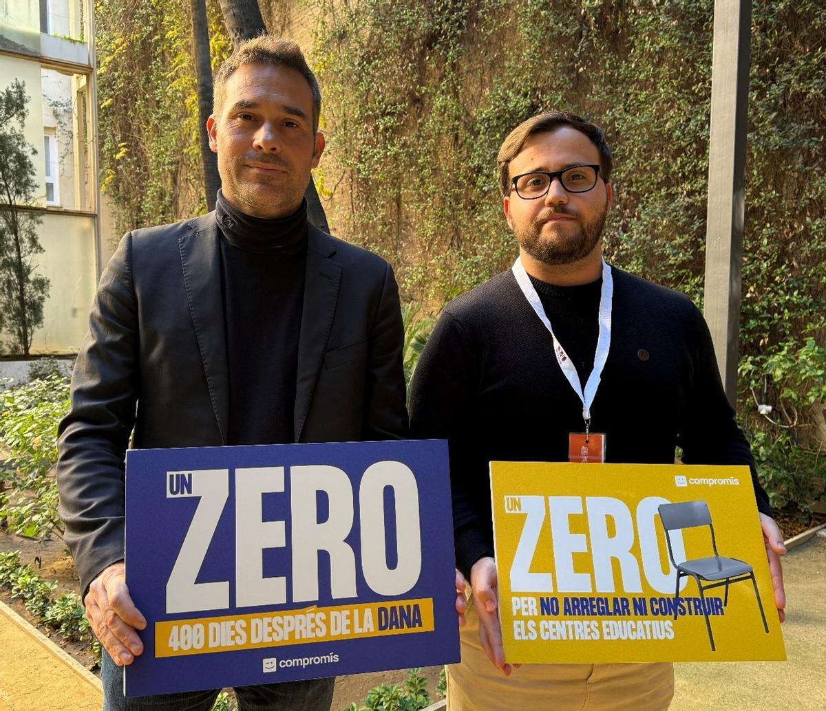 Guillem Gol (Compromís Picanya) y Gerard Fullana (diputat Corts) con la campaña "Zero" que ha lanzado la formación para denunciar la nula inversión autonómica.