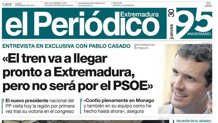 Esta es la portada de EL PERIÓDICO EXTREMADURA correspondiente al día 30 de agosto del 2018