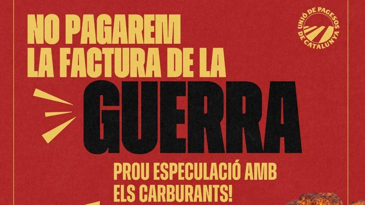 Convocatòria de Unió de Pagesos per a concentrar-se aquest divendres a Barcelona per la pujada de preus del gasoil.
