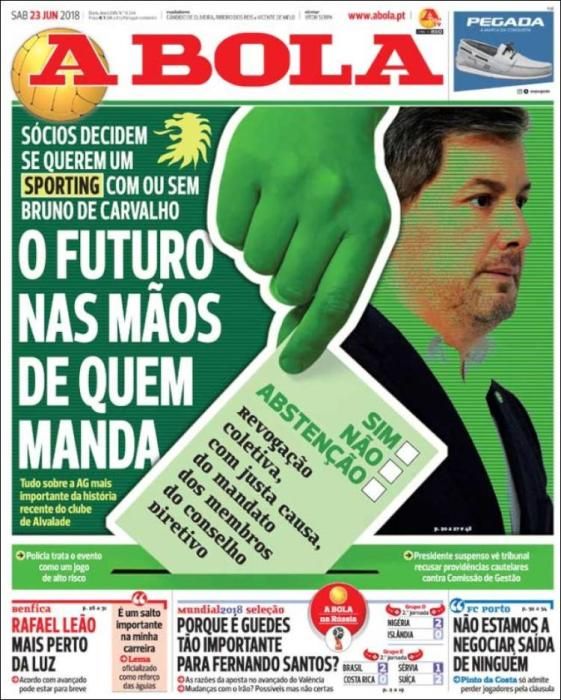 Portada A BOLA sábado 23 de junio de 2018