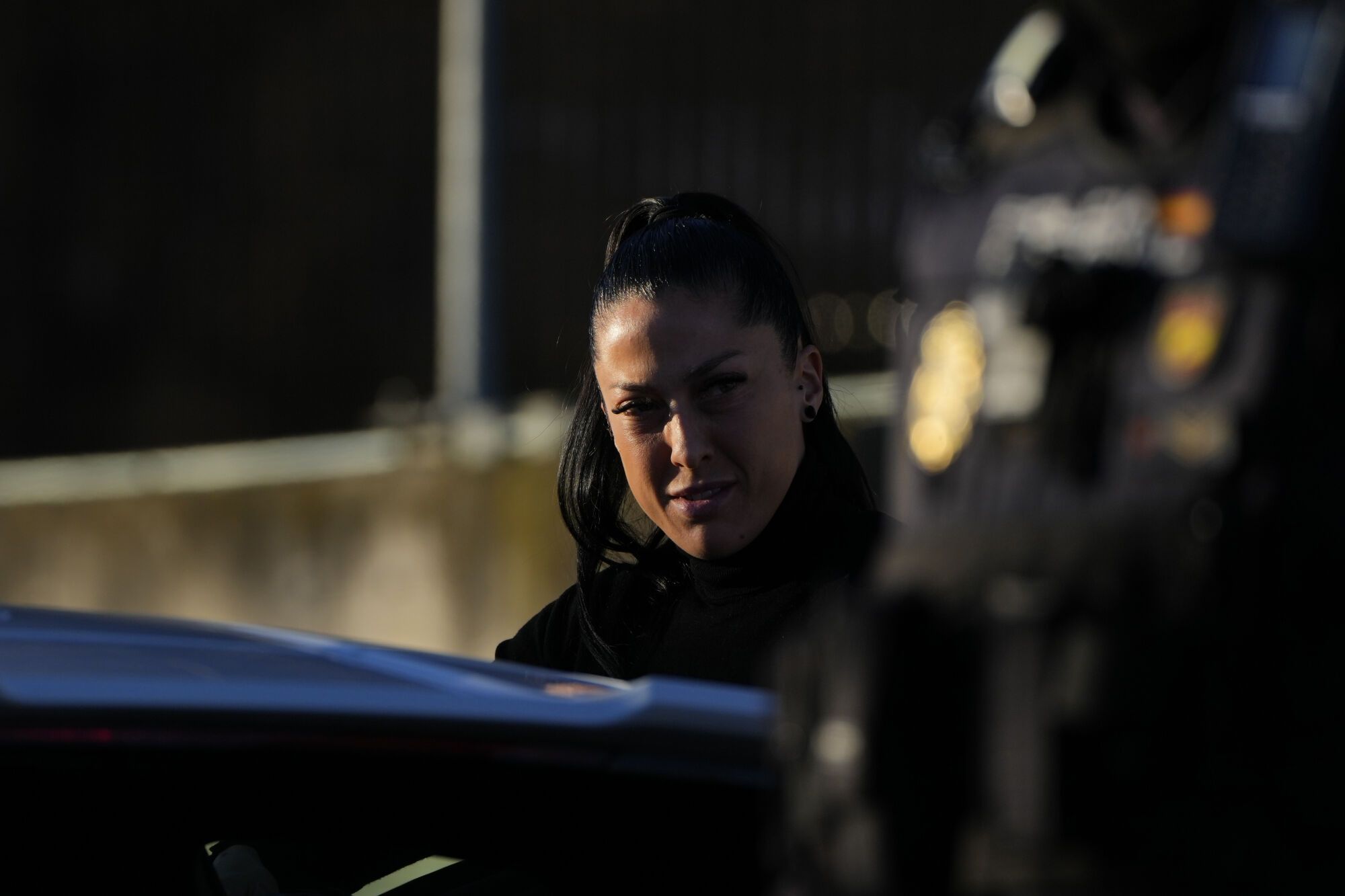 Soccer player Jenni Hermoso arrives at a court on the outskirts of Madrid, Spain, Monday Feb. 3, 2025 to appear as a witness during the trial of former president of Spain's soccer federation Luis Rubiales for his unsolicited kiss on Jenni Hermoso. (AP Photo/Manu Fernandez)