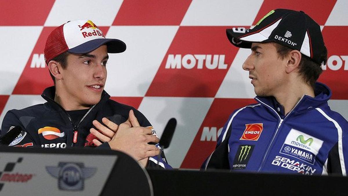 Marc Márquez y Jorge Lorenzo, durante la rueda de prensa previa al GP de Japón, en Motegi
