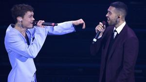 Mahmood y Blanco, en una de sus actuaciones en Sanremo.